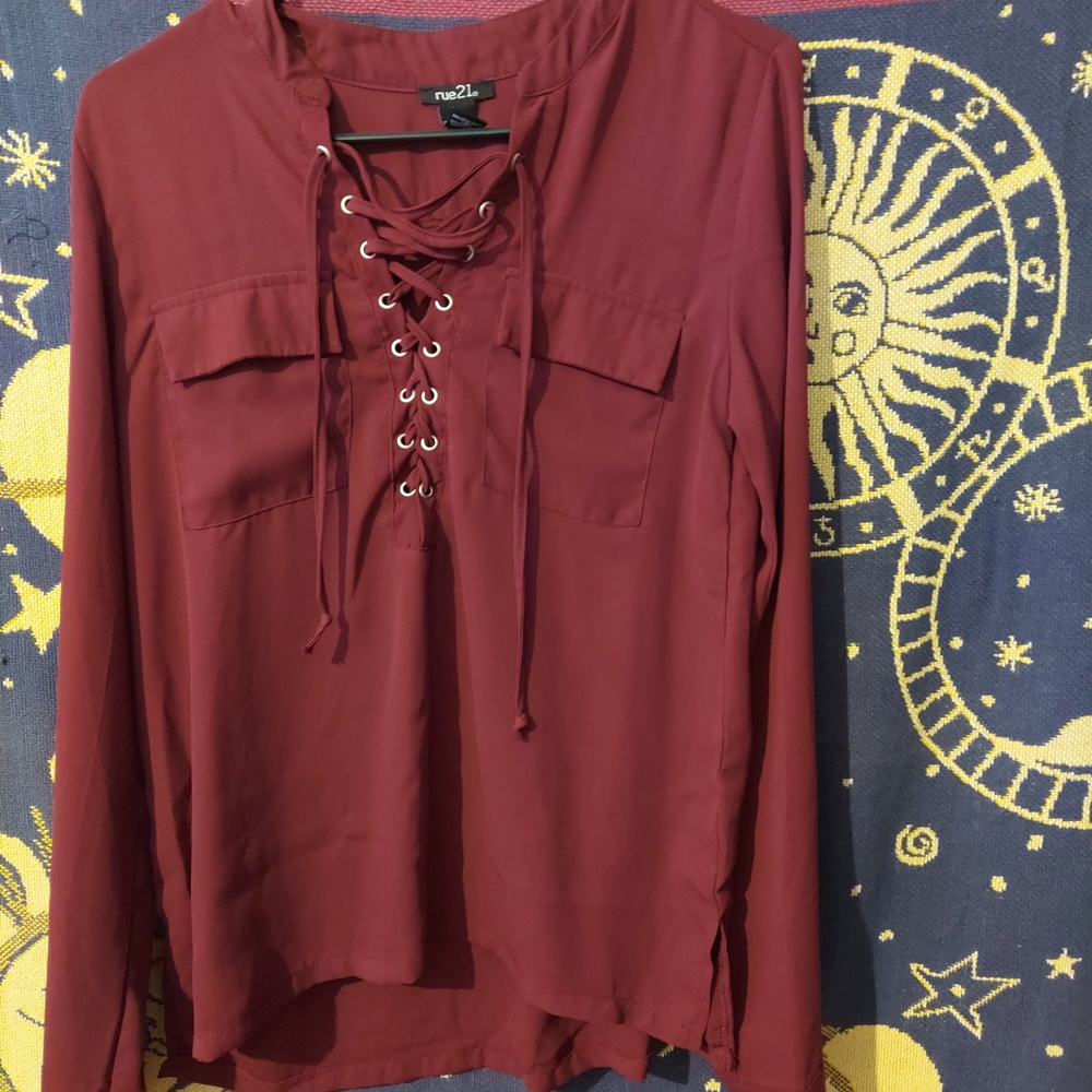 Rue21 Women's Deep Red Burgundy Chiffon Lace-Up Blouse